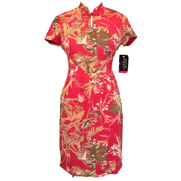 Vintage Cheongsam Coral Botanical Print Dress NWT - Picture 3 of 12